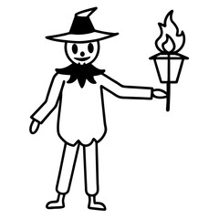 Evil scarecrow with a burning lantern line art vector illustration 