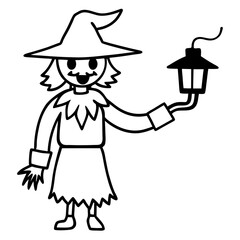 Evil scarecrow with a burning lantern line art vector illustration 