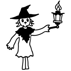 Evil scarecrow with a burning lantern line art vector illustration 