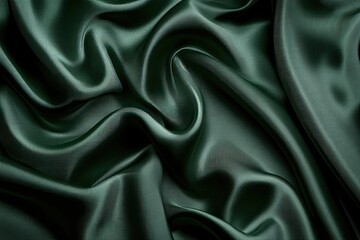 Obraz premium Deep emerald green satin fabric drapes in elegant folds. Detailed close-up view showcasing luxurious texture and sheen