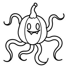 Pumpkin monster with tentacle vines line art vector illustration