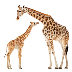 Tall brown giraffe, a wild mammal with long neck and spots, standing isolated on white