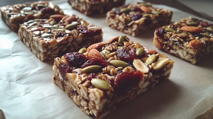 Homemade granola bars with nuts, seeds, and dried fruits &mdash; perfect for healthy snack and diet content.
