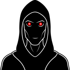 Shadowy figure with glowing red eyes  silhouette vector illustration