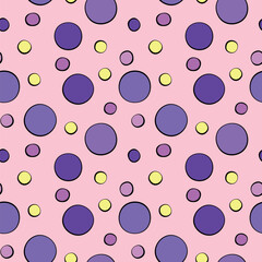 Multicolored pink purple yellow Polka dot seamless pattern. Bright kids hand drawn background texture with points, spots, bubbles, circles of different sizes.