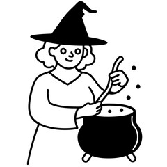Witch stirring a bubbling potion line art vector illustration 