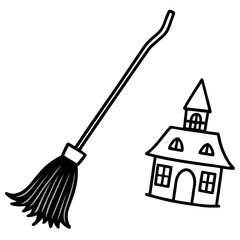 witch's broom parked next to a haunted line art vector illustration 