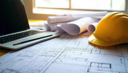 Estimates and blueprints on estimator desk. Job in construction estimation. Yellow hard hat on scrolls, laptop, window. Construction industry concept. Planning, pricing and budgeting.