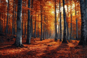 Obraz premium Enchanting Autumn Forest Path Sunlit Golden Leaves & Majestic Trees