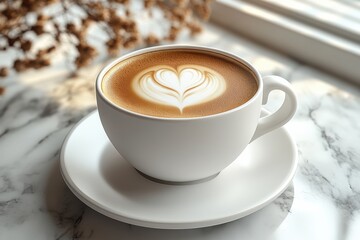Fototapeta premium Delicate latte art in a white cup placed on a marble table by the window during a sunny afternoon