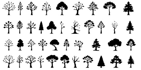 Minimalist tree icons set black and white nature symbols pack