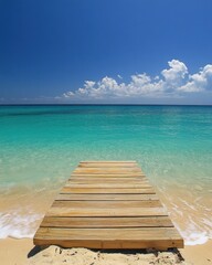 Fototapeta premium Serene turquoise ocean view with wooden pier under bright blue sky and fluffy clouds offering a tranquil beach escape