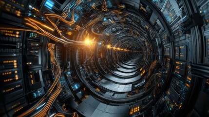3D render of a futuristic spaceship interior with a curved spiral tunnel full of computer chips and data cables.