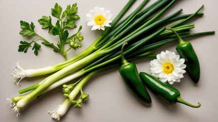 Obraz premium Mexican Culinary Herbs – Fresh Green Onions and Jalapeño Peppers with White Flowers on Neutral Background for Recipe Blogs and Organic Market Branding