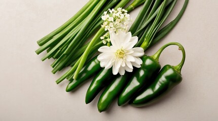 Fototapeta premium Mexican Culinary Herbs – Fresh Green Onions and Jalapeño Peppers with White Flowers on Neutral Background for Recipe Blogs and Organic Market Branding