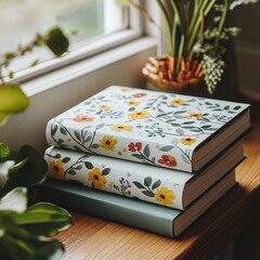 Three books stacked on top of each other with a floral design on the cover