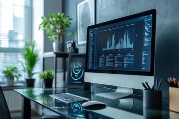 Modern Home Office Setup with Data Analytics on Display