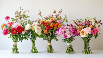 Fototapeta premium A collection of small hand-tied flower bouquets arranged in a row on a white table.