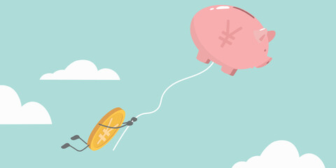 Profitable investment, financial risks, wealth, income growth. Vector illustration piggy bank, gold coin yen, yuan, rmb
