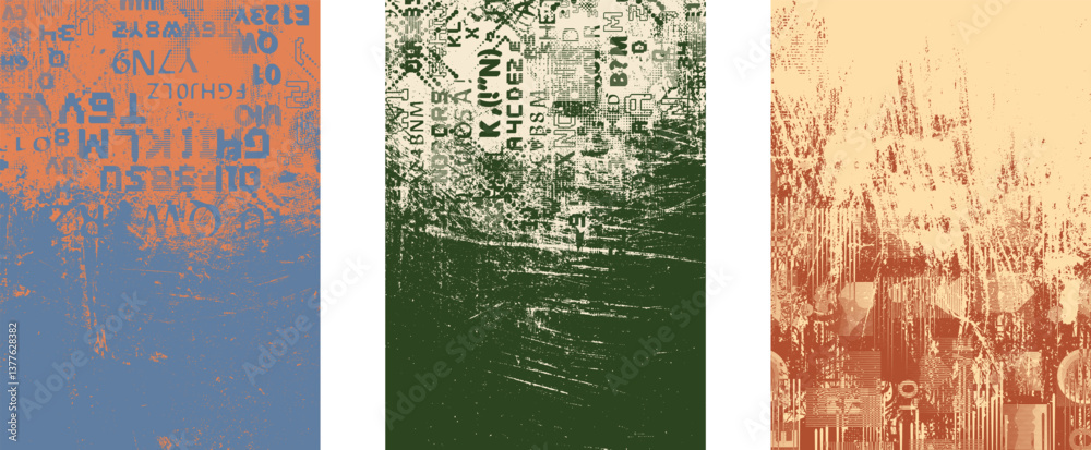 Poster Background with glitch distorted grunge textures . grunge background texture with halftone dots, glitched shapes, textures and lines .Screen print vector background with grunge textured surface.