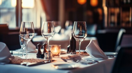 A five-star fine dining restaurant with elegant table settings, ambient lighting, and professional service,