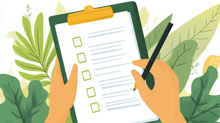 Illustration of hands checking off a leafy clipboard surrounded by foliage, representing eco-friendly task completion. Concept of sustainability, green living, checklist and responsibility.