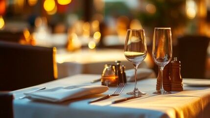 A five-star fine dining restaurant with elegant table settings, ambient lighting, and professional service,