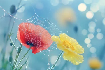 Fototapete Rund Delicate spiderweb adorned with dew drops draped over a red and yellow poppy, against a soft blue bokeh backdrop. © prophoto