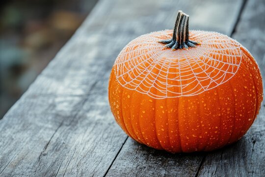 A bright orange pumpkin with a frosted spiderweb design sits on a weathered wooden surface, evoking autumnal and Halloween vibes.