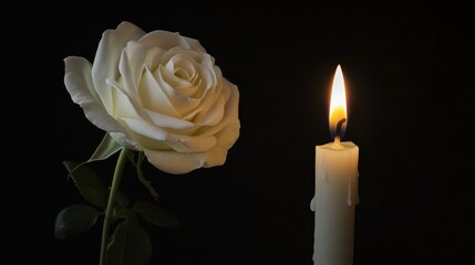 Fototapeta premium A delicate white rose stands alongside a lit candle, casting a warm glow in the darkness. The contrasting elements evoke a sense of calm and invite moments of reflection