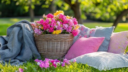 Obraz premium A dreamy outdoor picnic setup with fresh flowers in a wicker basket, surrounded by soft fabric and cushions.