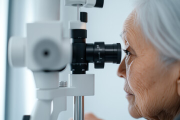 Senior woman undergoing eye examination with modern medical equipment