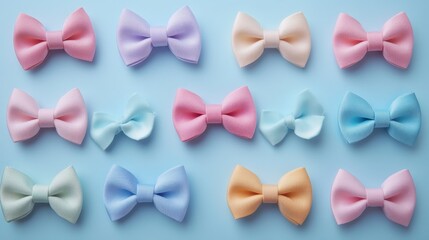 Obraz premium Colorful Collection of Ribbon Bows on Light Blue Background