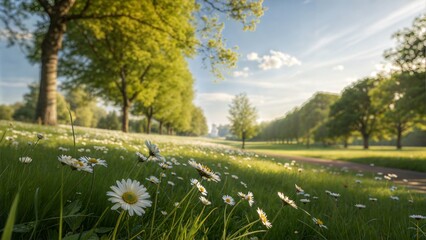 Fototapeta premium Daisies field landscape scenic view spring season beautiful nature park meadow green trees sky sunny day scenery