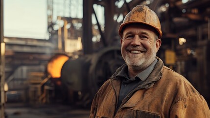 Smiling elderly caucasian male worker in industrial setting wearing hard hat