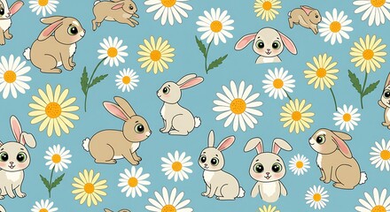 Naklejka premium Charming Bunnies & Daisies: Pastel Blue Spring Pattern AI Generated