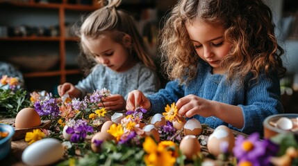 Obraz premium Children Engaged in Creative Spring Activity with Flowers and Eggs