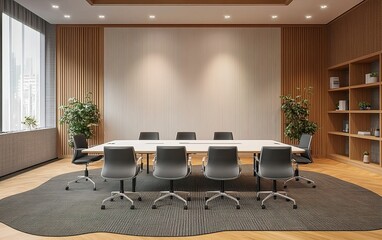 Beige and wooden meeting room interior