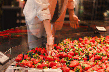 Closeup, woman choosing fresh strawberries in supermarket showcase