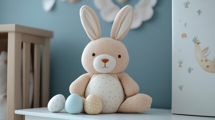 Cute Plush Bunny with Colorful Eggs in a Cozy Nursery Setting