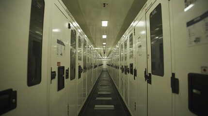 Long corridor of white electrical cabinets in a facility