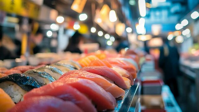 various type of sushi selling at local Asian market, bustling street 
