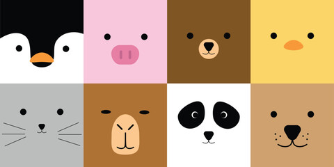 Collection of minimal animals faces in flat style