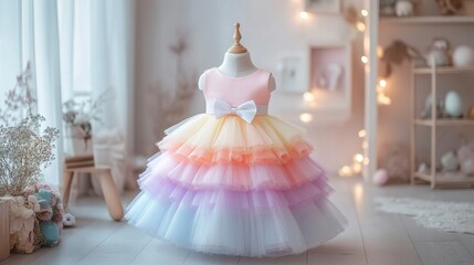 Charming Rainbow Tulle Dress for Little Girls in Soft Interior