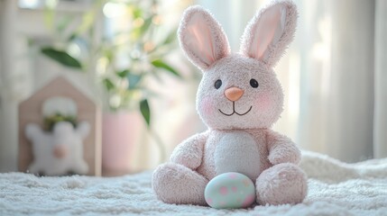 Obraz premium Cute Easter Bunny Plush Toy with Colorful Egg on Soft Blanket