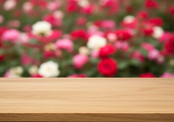 Wooden table top soft focus rose garden background. AI Generated