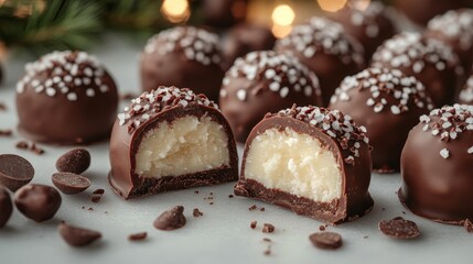 Delicious chocolate marzipan truffles with almond filling and sugar toppings