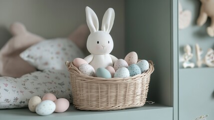 Cute Bunny with Pastel Easter Eggs in a Cozy Nursery Setting