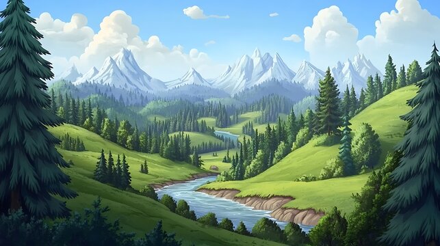 Mountain River Valley Landscape.