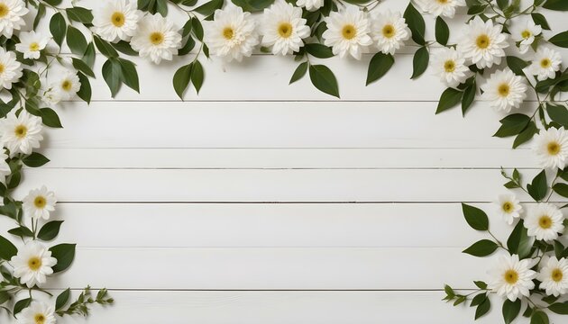 A flat lay photograph shows a white wooden surface with flowers and leaves arranged on the right side